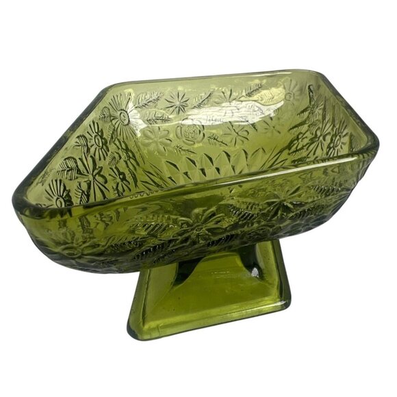 Vtg Indiana Avocado Green Glass Diamond Pedestal Dish Floral Embossed Design - Picture 2 of 7